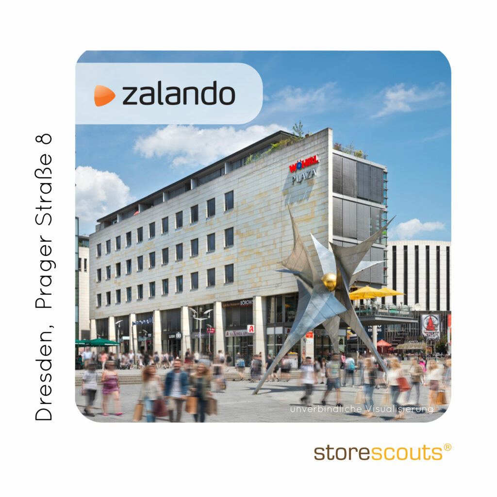 The image depicts the storefront of Zalando's location in Dresden, located at Prager Straße 8. The store is housed in a modern building named "WÖHRL PLAZA," with a sleek facade and multiple floors. In front of the building, there's a distinctive large sculpture with a golden sphere at its center, attracting attention in the busy shopping area. The scene shows a bustling environment with numerous people walking and shopping. The text on the image reads "Dresden, Prager Straße 8" on the left side and "storescouts" on the bottom right, with a note stating "unverbindliche Visualisierung" (non-binding visualization) in the bottom right corner.