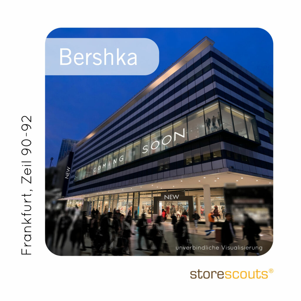 The image shows the storefront of an upcoming Bershka store in Frankfurt, located at Zeil 90-92. The building features a modern, sleek design with a large glass facade. The upper floor windows display the text "COMING SOON" indicating the store's pending opening. The storefront is brightly lit, and the street is bustling with people, suggesting a lively shopping district. The scene is set during the evening, with the sky dark, enhancing the building's illuminated appearance. The text on the image reads "Frankfurt, Zeil 90-92" on the left side and "storescouts" on the bottom right, with a note saying "unverbindliche Visualisierung" (non-binding visualization) in the bottom right corner.