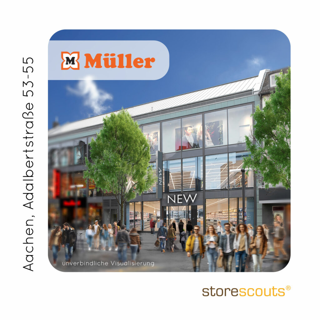 Rendering of the new Müller store at Adalbertstraße 53-55, Aachen, showcasing a modern glass-fronted design with shoppers walking by.