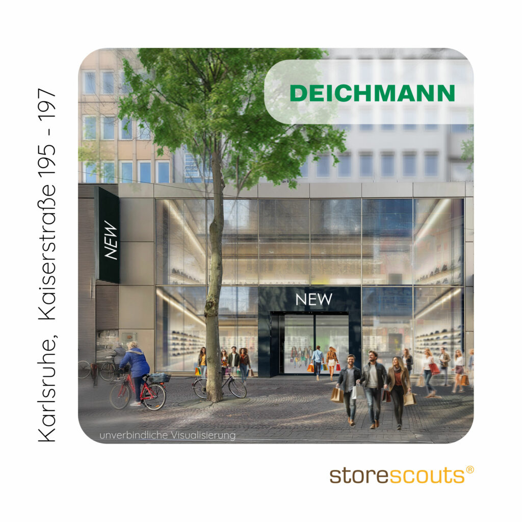 rchitektonische Visualisierung einer modernen Einzelhandelsfläche mit einer großen Glasfassade in der Kaiserstraße 195-197, Karlsruhe. Das Geschäft, das als 'NEW' gekennzeichnet ist, wird im Herbst von DEICHMANN eröffnet. Passanten schlendern mit Einkaufstüten entlang der Fußgängerzone, während Radfahrer vorbeifahren. Ein großer Baum steht vor dem Gebäude. Die Visualisierung wurde von over&out erstellt. storescouts dankt allen Beteiligten für die erfolgreiche Zusammenarbeit.