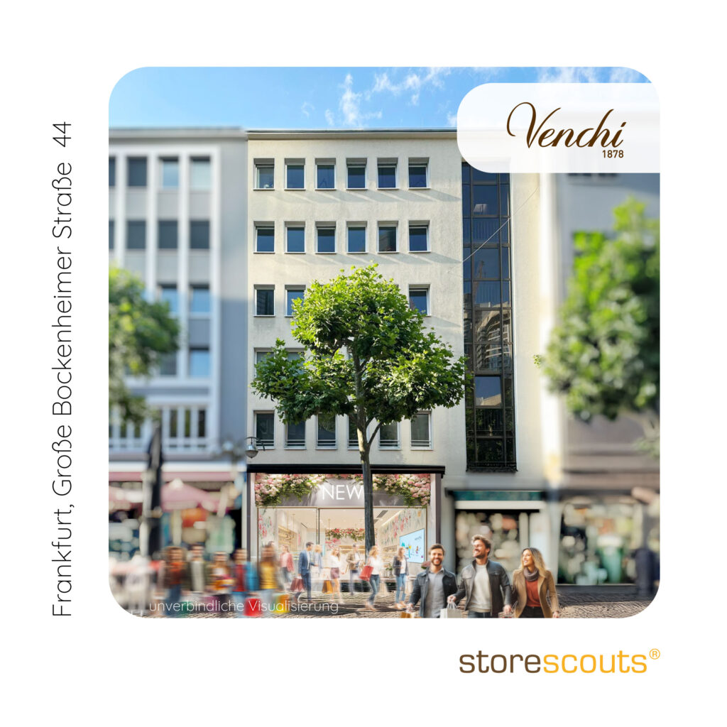 Visualisierung eines neuen Venchi-Stores in Frankfurt am Main, Große Bockenheimer Straße 44. Zu sehen ist ein mehrgeschossiges innerstädtisches Gebäude mit heller Fassade und modernisierter Ladenfläche im Erdgeschoss. Der Store ist mit einer freundlich gestalteten Glasfront, floralen Elementen und heller Innenbeleuchtung inszeniert. Im Vordergrund beleben Passanten, Bäume und Shopping-Szenen die urbane Lage. Oben rechts ist das Venchi-Logo eingebunden, unten rechts das storescouts-Logo.