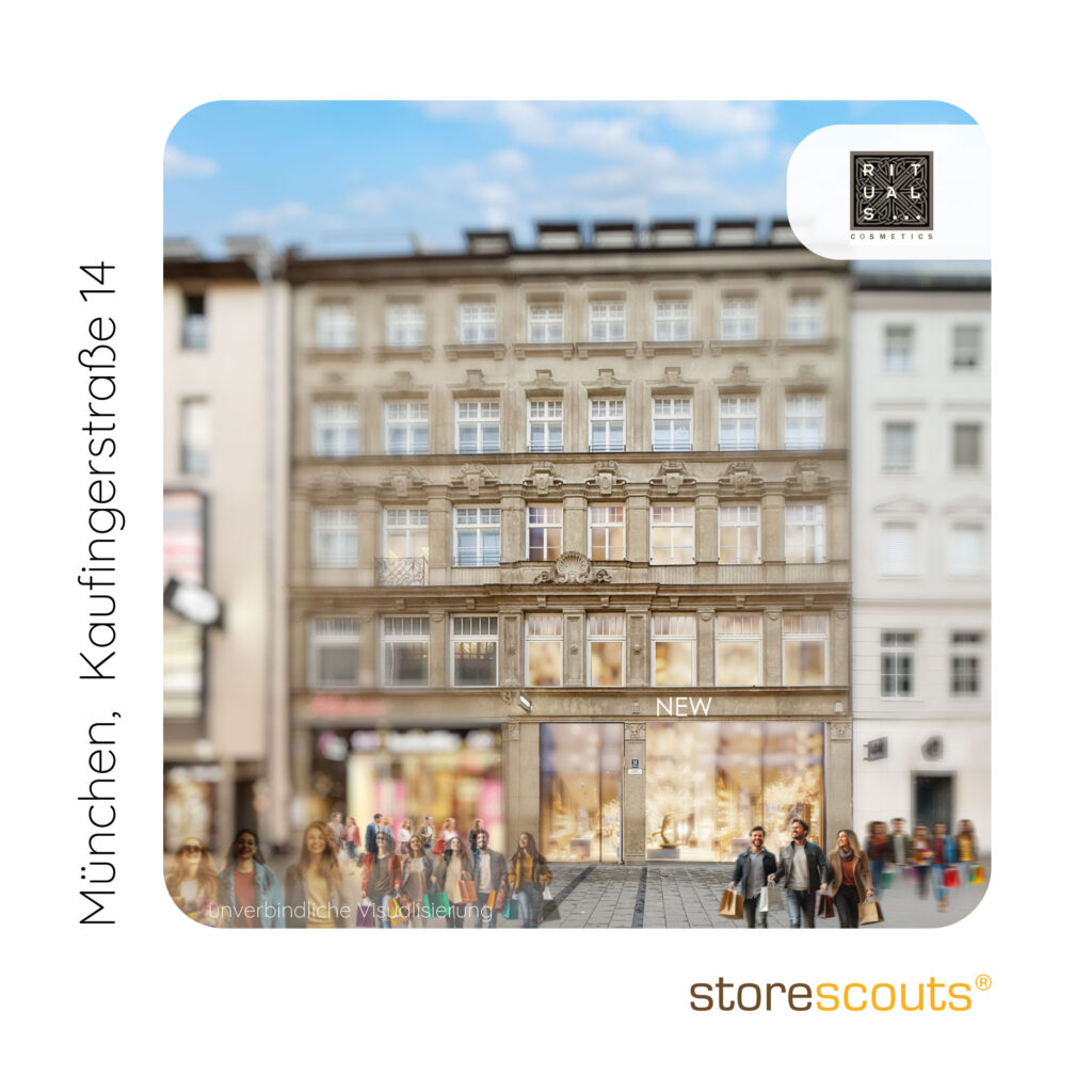 Visualisierung des geplanten Rituals-Flagshipstores in München, Kaufingerstraße 14. Zu sehen ist ein historisches, mehrgeschossiges Gebäude mit detailreicher Fassade und modernisierter Retail-Fläche im Erdgeschoss. Die großen Schaufenster sind warm beleuchtet und hochwertig inszeniert. Im Vordergrund beleben Passanten und Shopping-Szenen die Innenstadtlage. Oben rechts ist das Rituals-Logo eingebunden, unten rechts das storescouts-Logo.