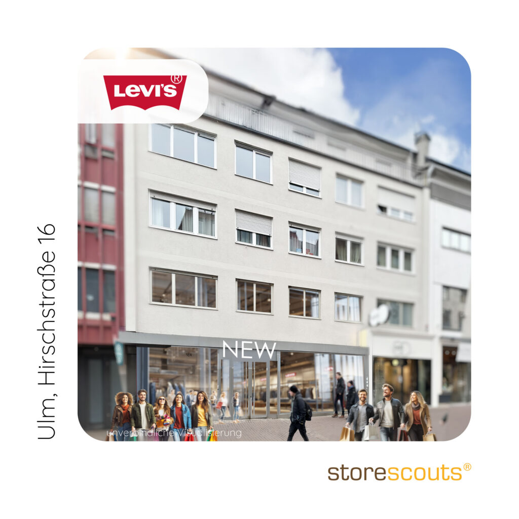 Visualisierung eines neuen Levi’s-Stores in Ulm, Hirschstraße 16. Zu sehen ist ein mehrgeschossiges innerstädtisches Gebäude mit modernisierter Retail-Fläche im Erdgeschoss und großer Glasfront. Vor dem Store beleben Passanten und Shopping-Szenen die Fußgängerzone. Oben links ist das Levi’s-Logo eingebunden, unten rechts das storescouts-Logo.