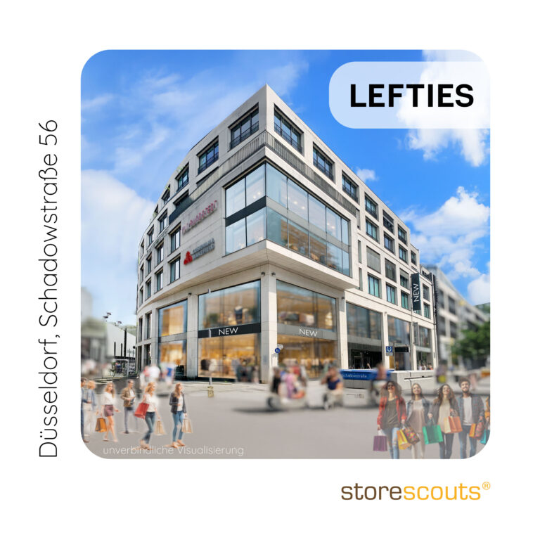 Visualisierung des ersten LEFTIES-Standorts in Deutschland an der Schadowstraße 56 in Düsseldorf. Zu sehen ist ein modernes Eckgebäude mit großer Glasfassade und neuer Retail-Fläche im Erdgeschoss. Im Vordergrund beleben Passanten und Shopping-Szenen die Innenstadtlage. Oben rechts ist das LEFTIES-Logo eingebunden, unten rechts das storescouts-Logo.