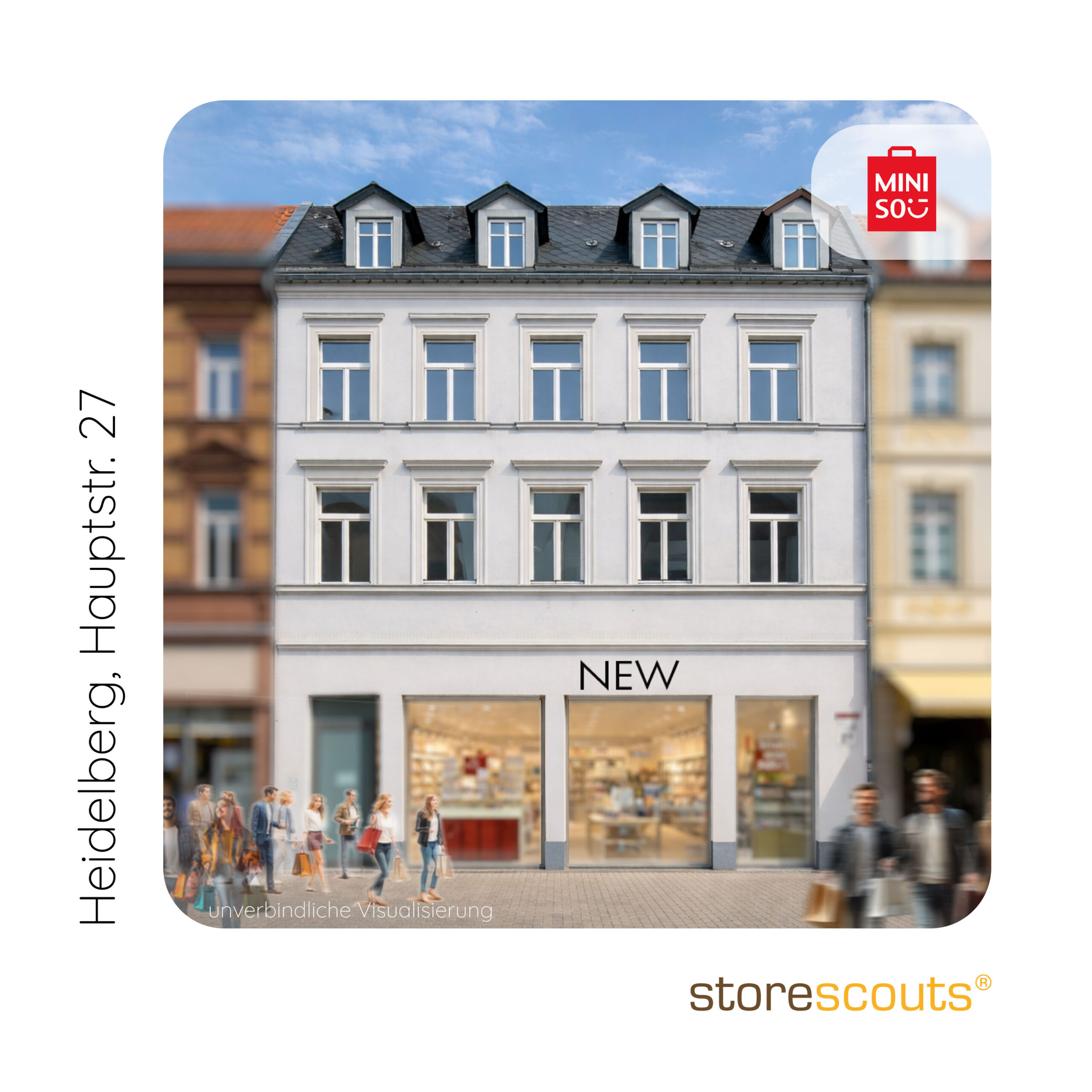 Visualisierung eines neuen MINISO-Stores in Heidelberg, Hauptstraße 27. Zu sehen ist ein historisches Gebäude mit heller klassischer Fassade und modernisierter Retail-Fläche im Erdgeschoss. Große Schaufenster geben einen Einblick in den hell gestalteten Verkaufsraum. Im Vordergrund beleben Passanten und Shopping-Szenen die Fußgängerzone. Oben rechts ist das MINISO-Logo eingebunden, unten rechts das storescouts-Logo.