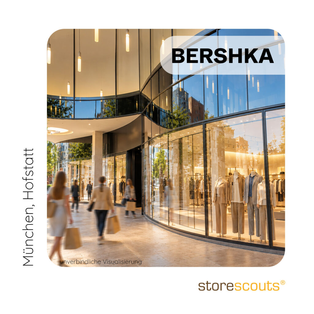 Visualisierung eines neuen BERSHKA-Stores in München, Hofstatt. Zu sehen ist eine moderne, geschwungene Glasfassade mit hell beleuchteter Retail-Fläche und hochwertig inszenierten Schaufenstern. Im Vordergrund bewegen sich Passanten mit Einkaufstaschen durch die überdachte Passage. Oben rechts ist das BERSHKA-Logo eingebunden, unten rechts das storescouts-Logo.