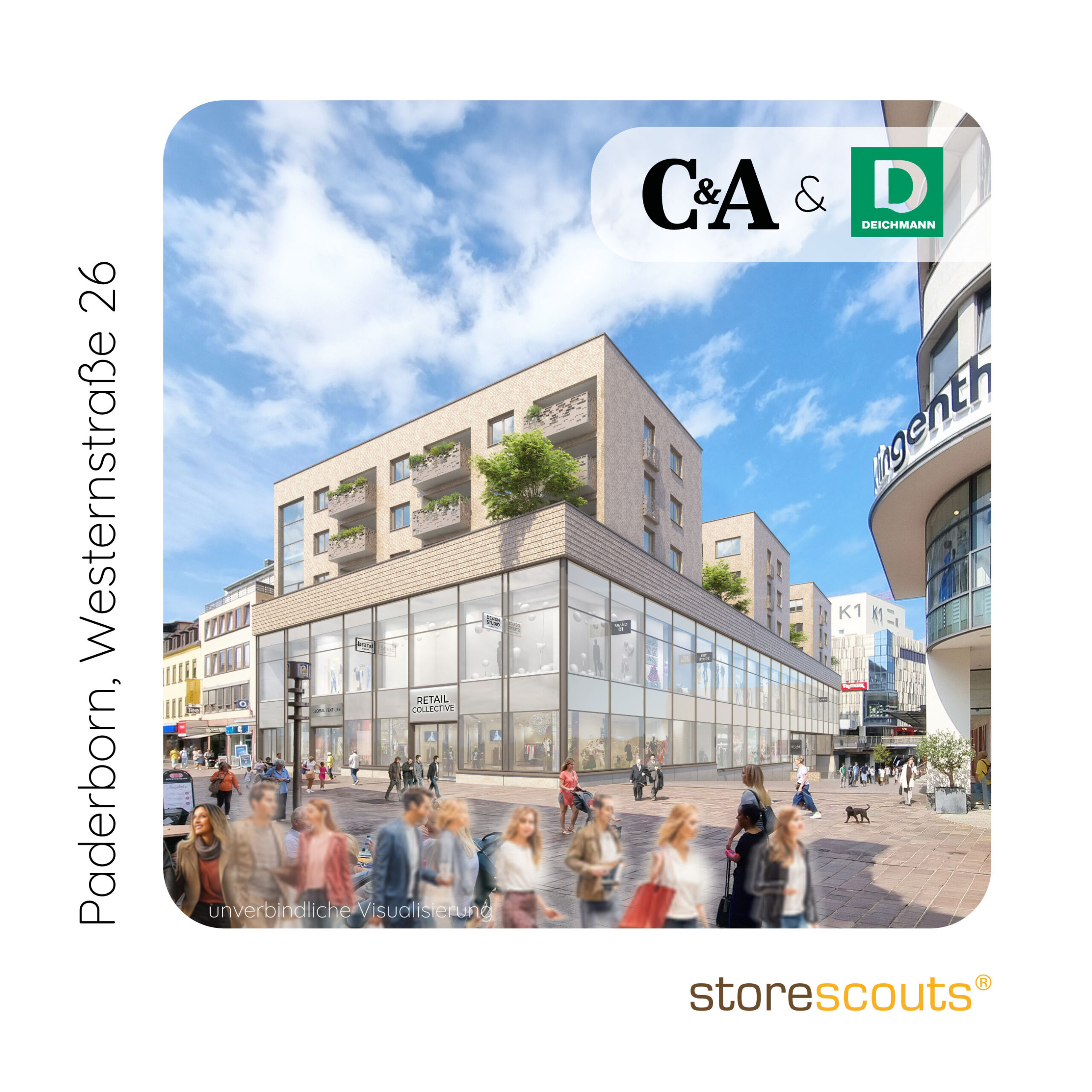 C&A und Deichmann – Einzelhandelsflächen in Paderborn, Westernstraße 26 Die Westernstraße 26 in Paderborn befindet sich in einer der zentralen Einkaufsstraßen der Innenstadt und bietet einen attraktiven Standort für großflächigen Einzelhandel. Die Visualisierung zeigt eine moderne Handelsimmobilie mit großzügigen, zweigeschossigen Glasfassaden und möglichen Retail-Konzepten für die bekannten Marken C&A und Deichmann. Die hochwertige Architekturvisualisierung wurde von over&out by Veronika Behr für storescouts erstellt und verdeutlicht das Potenzial dieser prominenten Highstreet-Lage. storescouts mit dem Team von Torsten Schulz ist auf die Vermietung und Vermittlung hochwertiger Einzelhandelsflächen und Handelsimmobilien in den besten Innenstadtlagen Deutschlands spezialisiert. Für weitere attraktive Retailflächen und Expansionsmöglichkeiten steht storescouts als Ansprechpartner zur Verfügung.