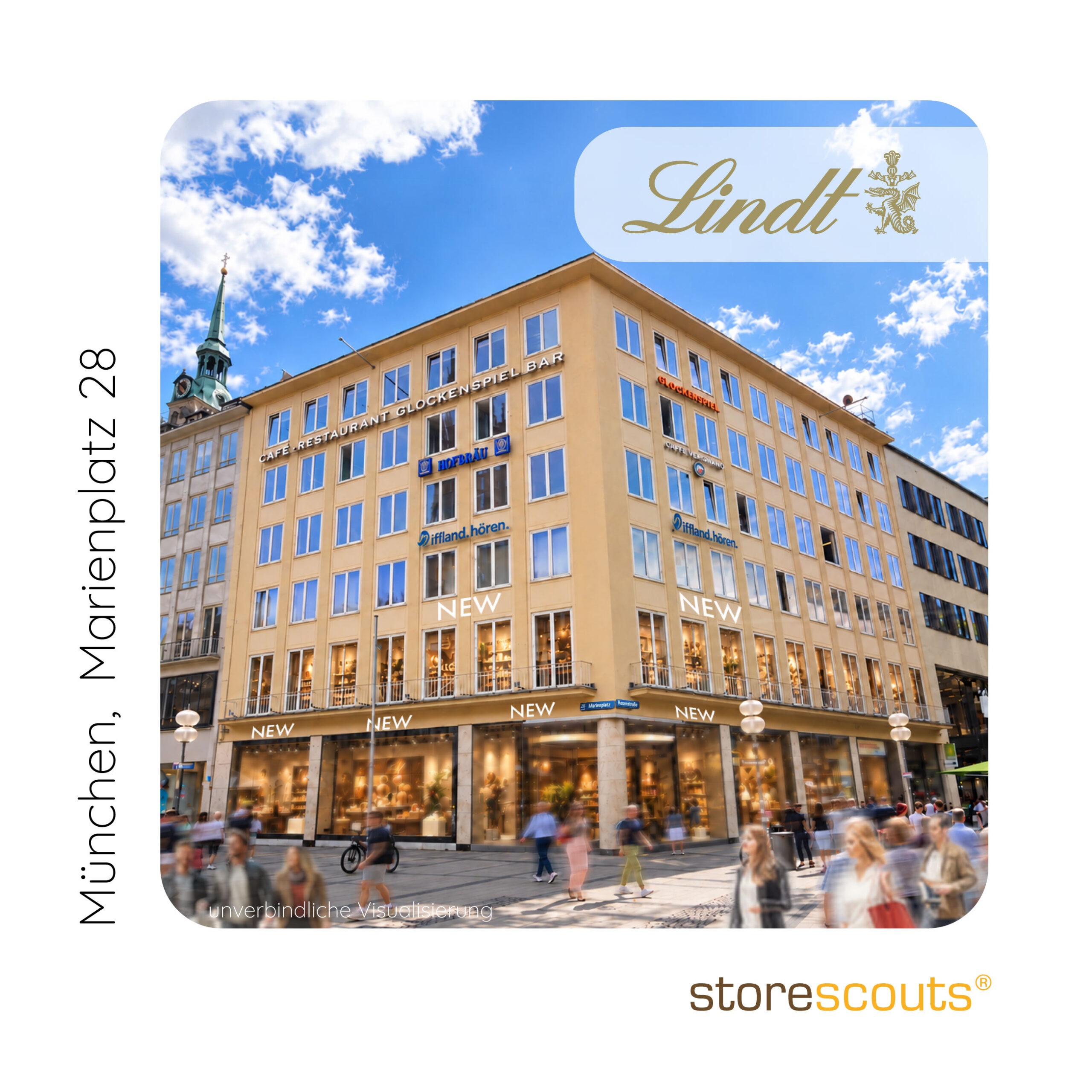 Lindt & Sprüngli – Premium-Einzelhandelsfläche am Marienplatz 28 in München Am Marienplatz 28 in München, einer der prestigeträchtigsten Einzelhandelsadressen Deutschlands, zeigt die Visualisierung ein mögliches Flagship-Store-Konzept für die Schweizer Premium-Schokoladenmarke Lindt & Sprüngli. Die prominente Eckimmobilie im Herzen der Münchner Altstadt überzeugt durch ihre zentrale Lage, großzügige Schaufensterfronten und hervorragende Sichtbarkeit in unmittelbarer Nähe zum Neuen Rathaus. Die hochwertige Architekturvisualisierung von over&out by Veronika Behr für storescouts veranschaulicht das Potenzial der Handelsimmobilie für ein exklusives Retail-Konzept. storescouts mit dem Team von Torsten Schulz ist auf die Vermietung und Vermittlung hochwertiger Einzelhandelsflächen, Flagship-Stores und Handelsimmobilien in den begehrtesten Innenstadtlagen Deutschlands spezialisiert. Für weitere attraktive Retailflächen und Expansionsmöglichkeiten in München und anderen deutschen Toplagen steht storescouts als Ansprechpartner zur Verfügung.